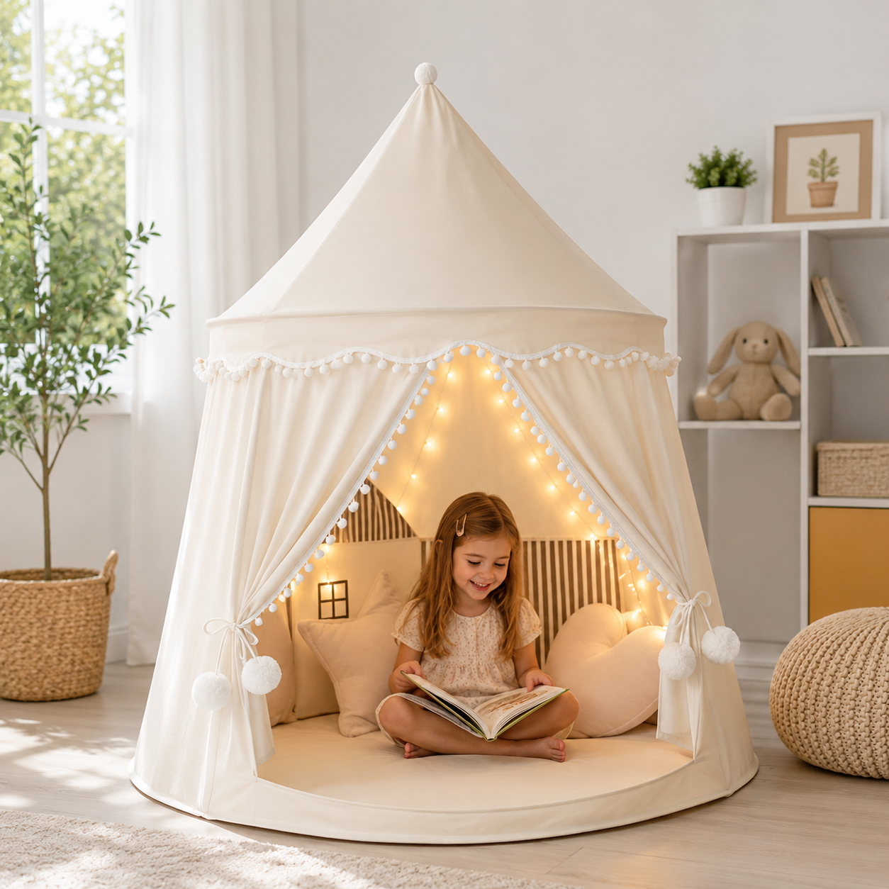 Kids Play Tent with Canopy, Foldable Indoor Playhouse & Reading Nook