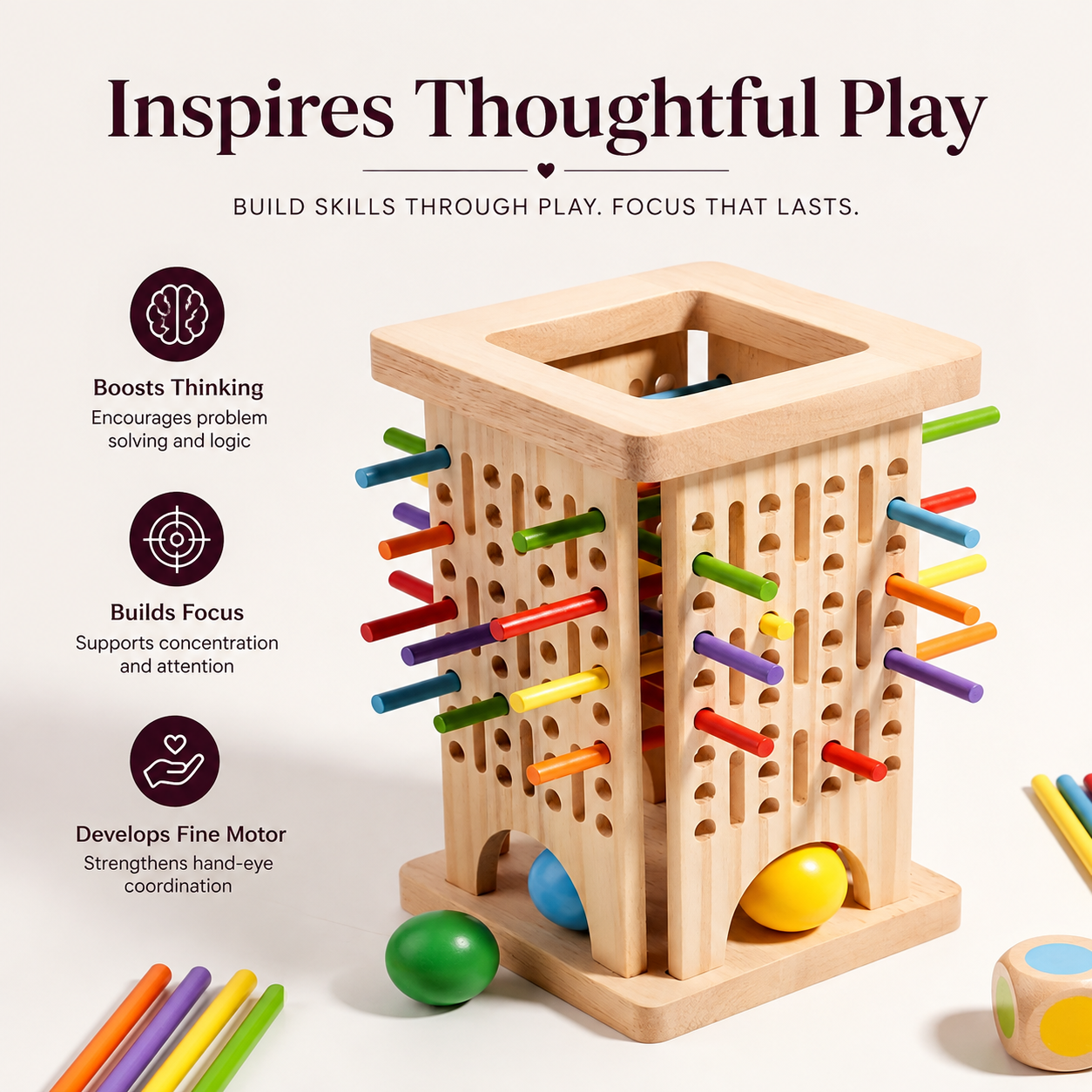 Wooden Stick and Ball Toy for Kids, 3-in-1 Educational Learning & Color Matching Game