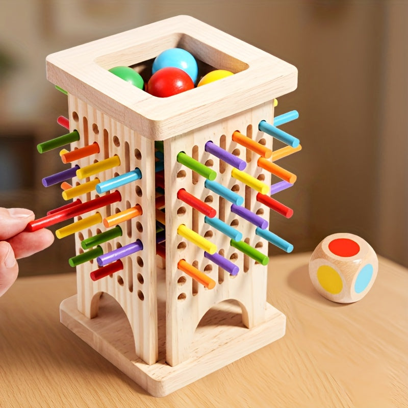 Wooden Stick and Ball Toy for Kids, 3-in-1 Educational Learning & Color Matching Game