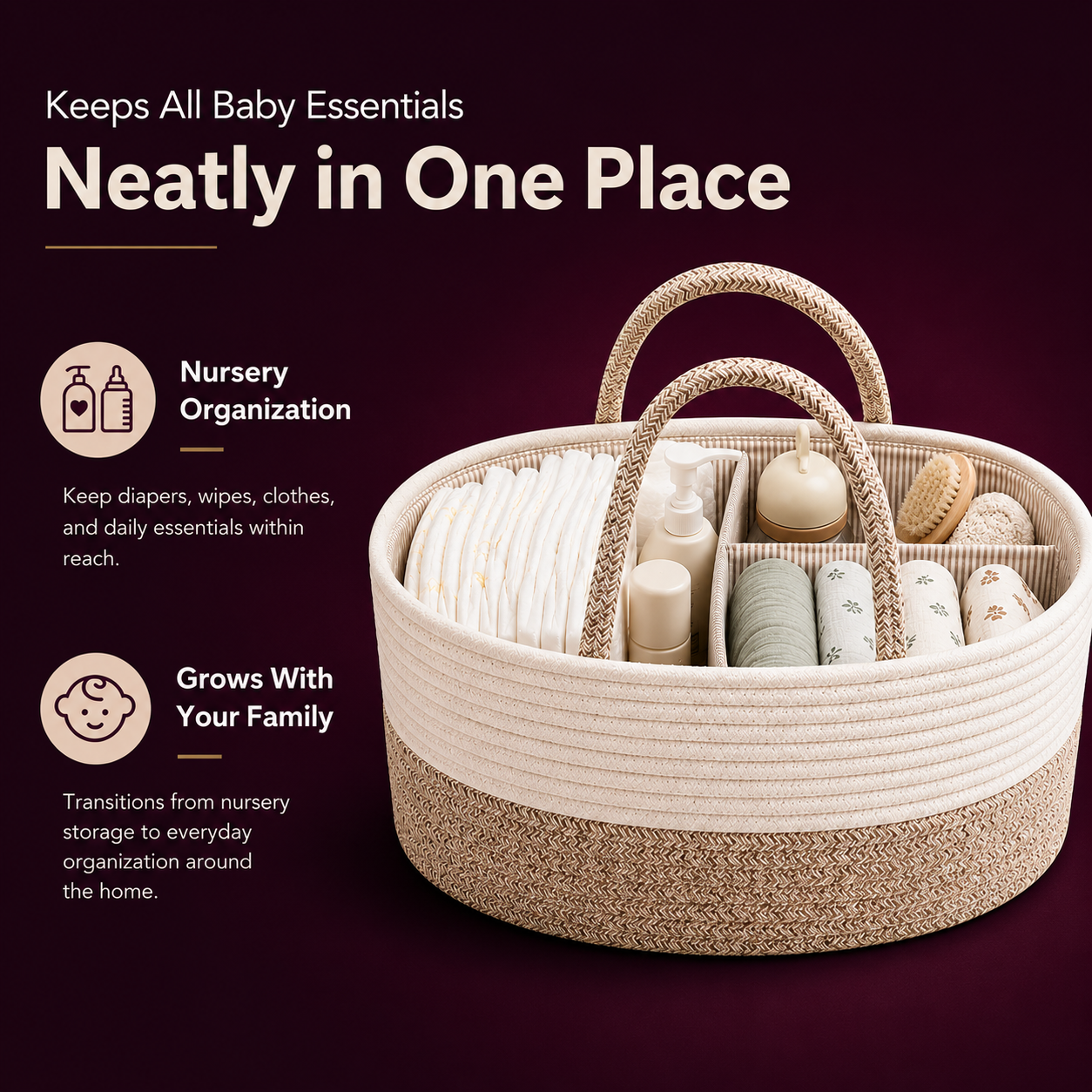 Portable Baby Organizer Basket with Removable Dividers and Carry Handles