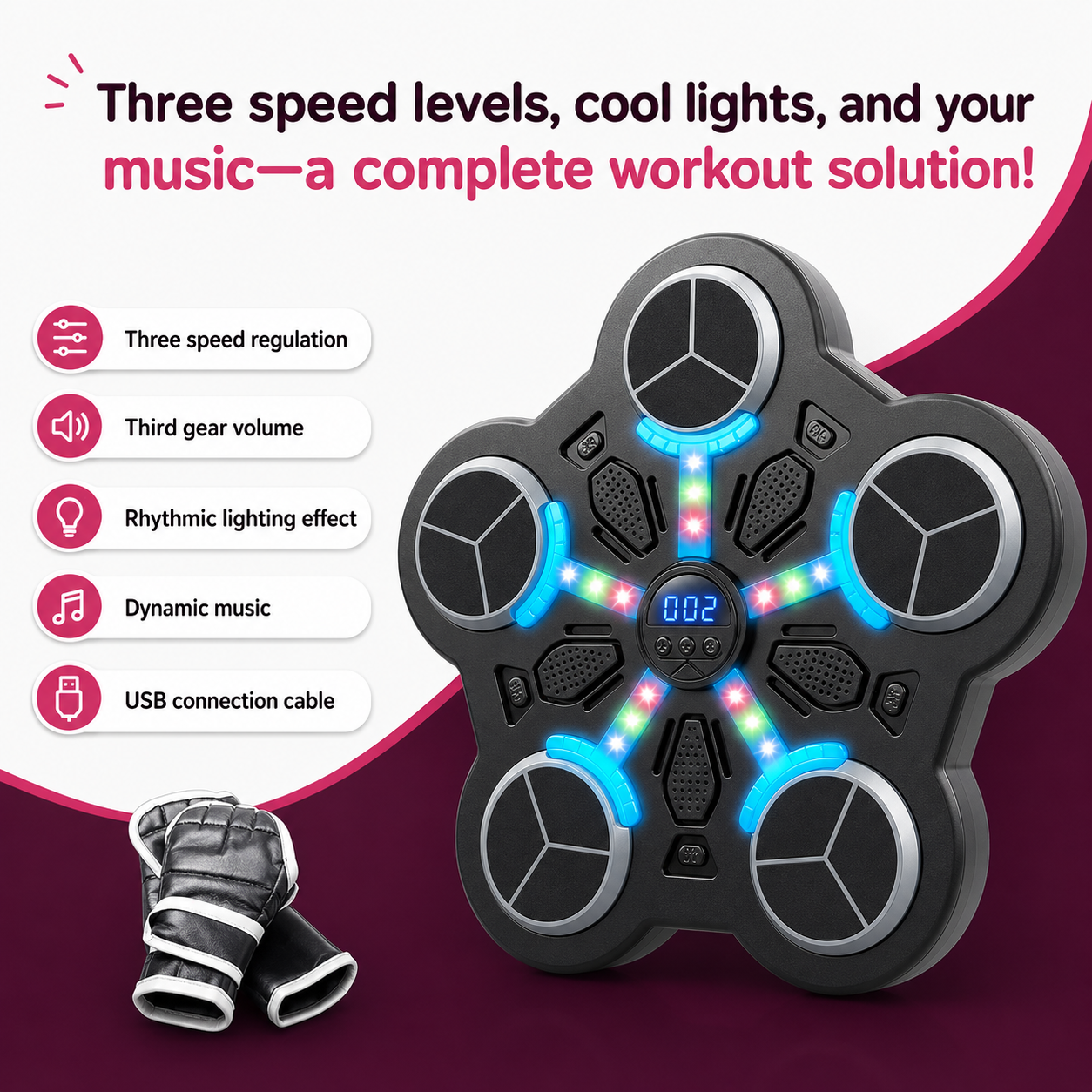 Bluetooth Boxing Trainer Wall Target with Music, LED Lights & Gloves