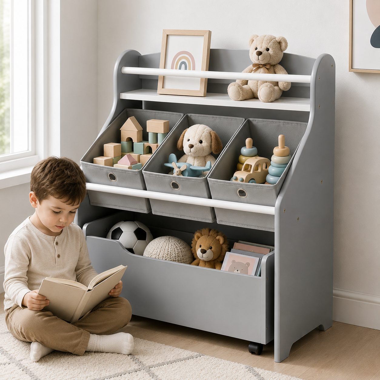 3-Tier Kids Bookshelf with Rolling Toy Storage Box and Fabric Bins