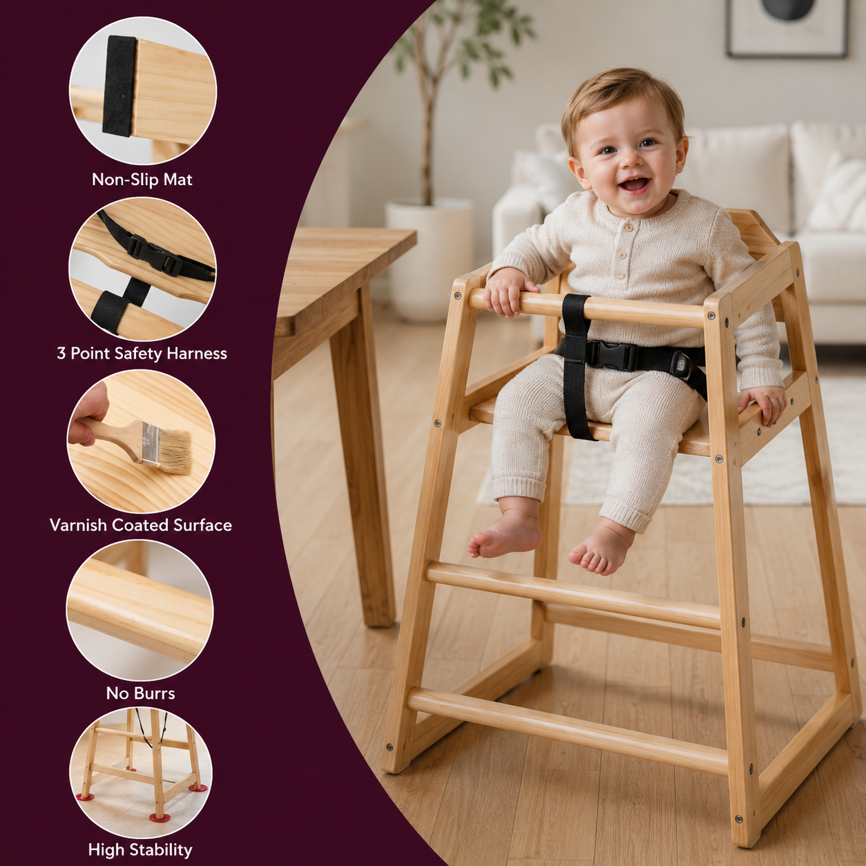 Wooden Baby High Chair with Detachable Booster Seat