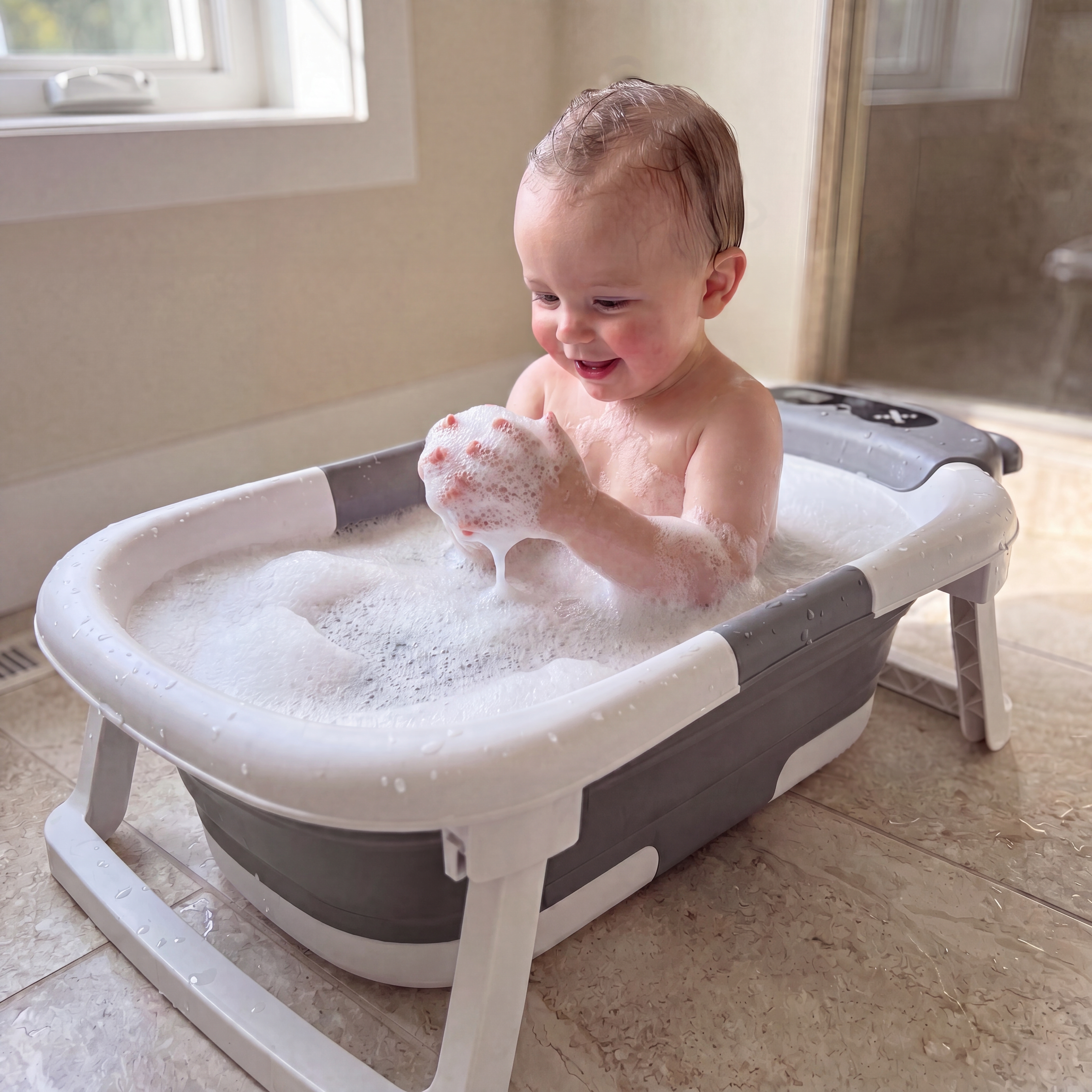 Collapsible Baby Bathtub with Soft Cushion and Temperature Sensor