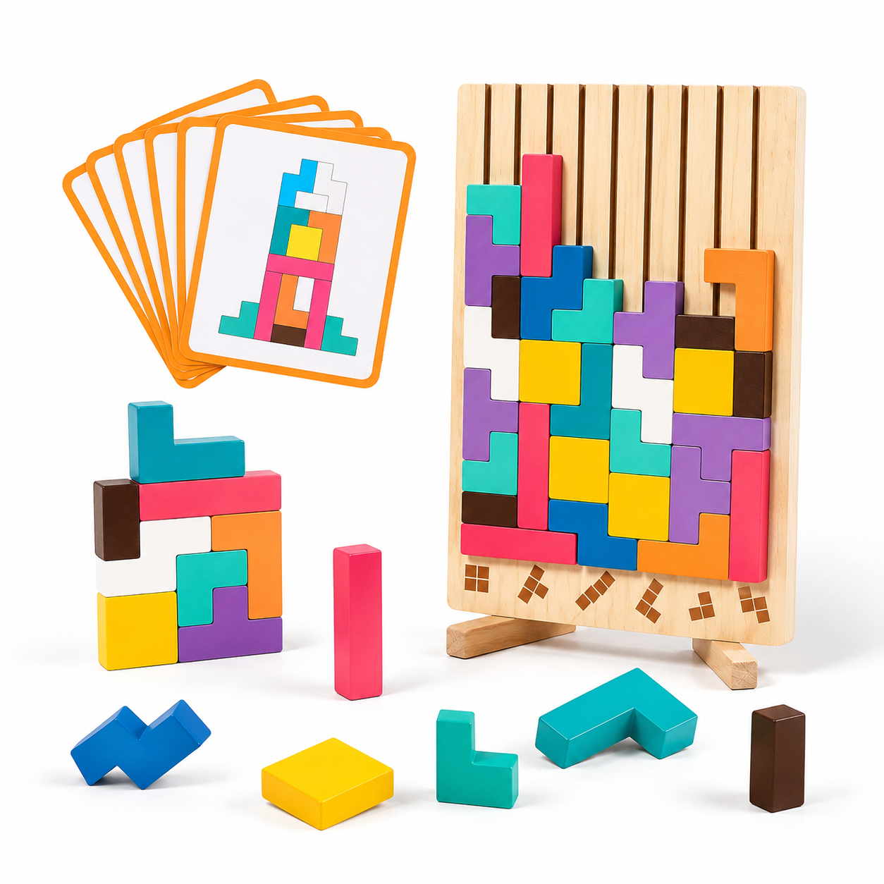 Wooden Stacking Puzzle Toy for Kids, Montessori Educational Block Game with Challenge Cards