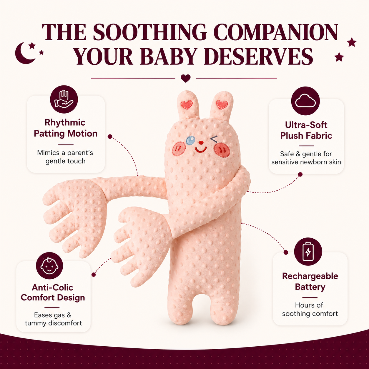 Baby Patting Plush Toy with Gentle Rhythmic Motion, Soft Cordless Comfort Companion