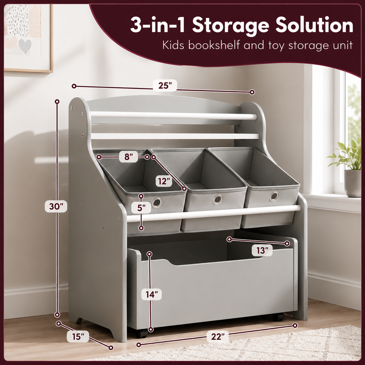 3-Tier Kids Bookshelf with Rolling Toy Storage Box and Fabric Bins