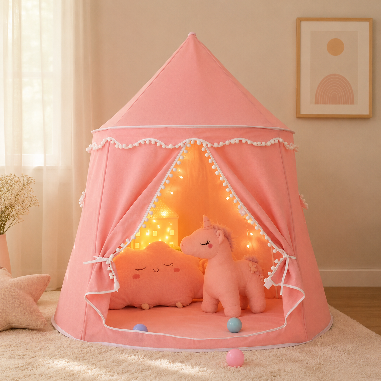 Kids Play Tent with Canopy, Foldable Indoor Playhouse & Reading Nook
