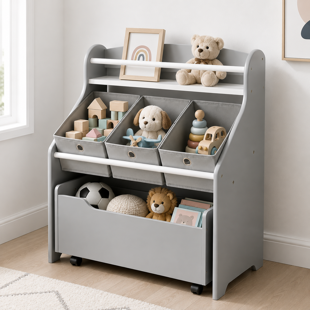 3-Tier Kids Bookshelf with Rolling Toy Storage Box and Fabric Bins