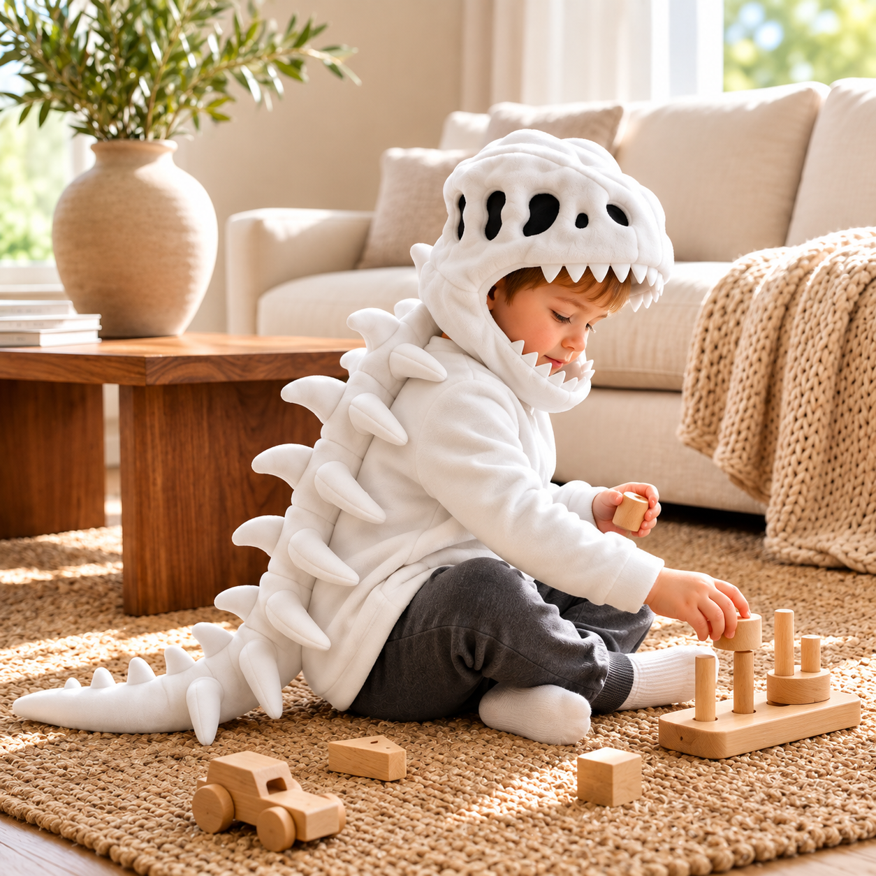 Kids Dinosaur Plush Hoodie Costume with 3D Skull Hood & Spine Design