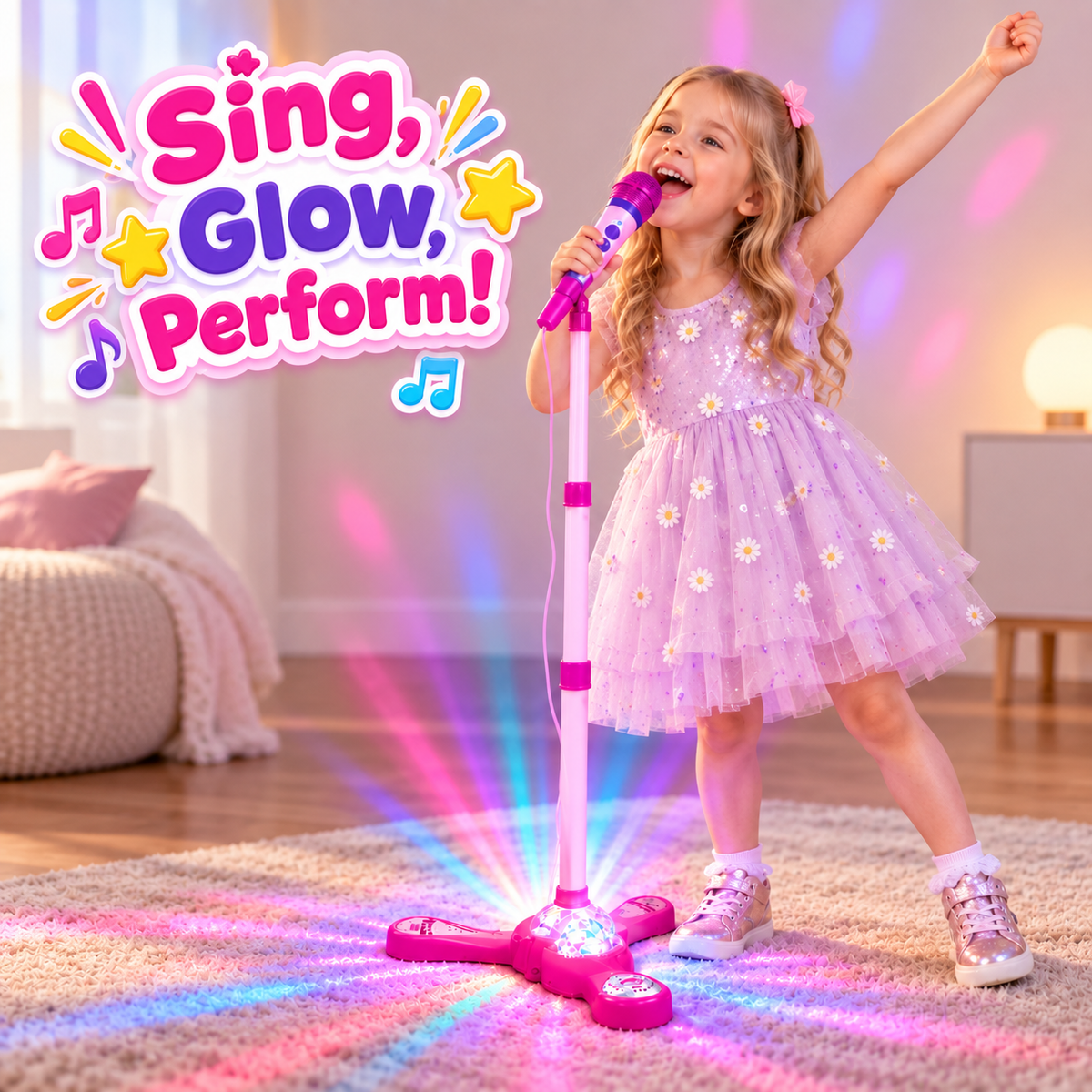Kids Karaoke Microphone Set with LED Lights – Adjustable Singing Stand Toy
