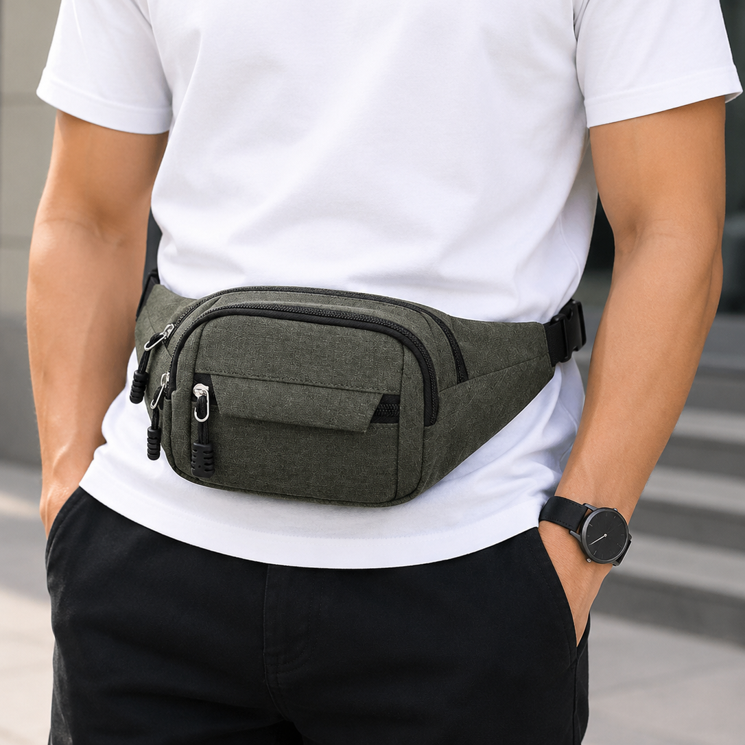 Water-Resistant Waist Bag with Adjustable Strap & Multiple Zipper Pockets
