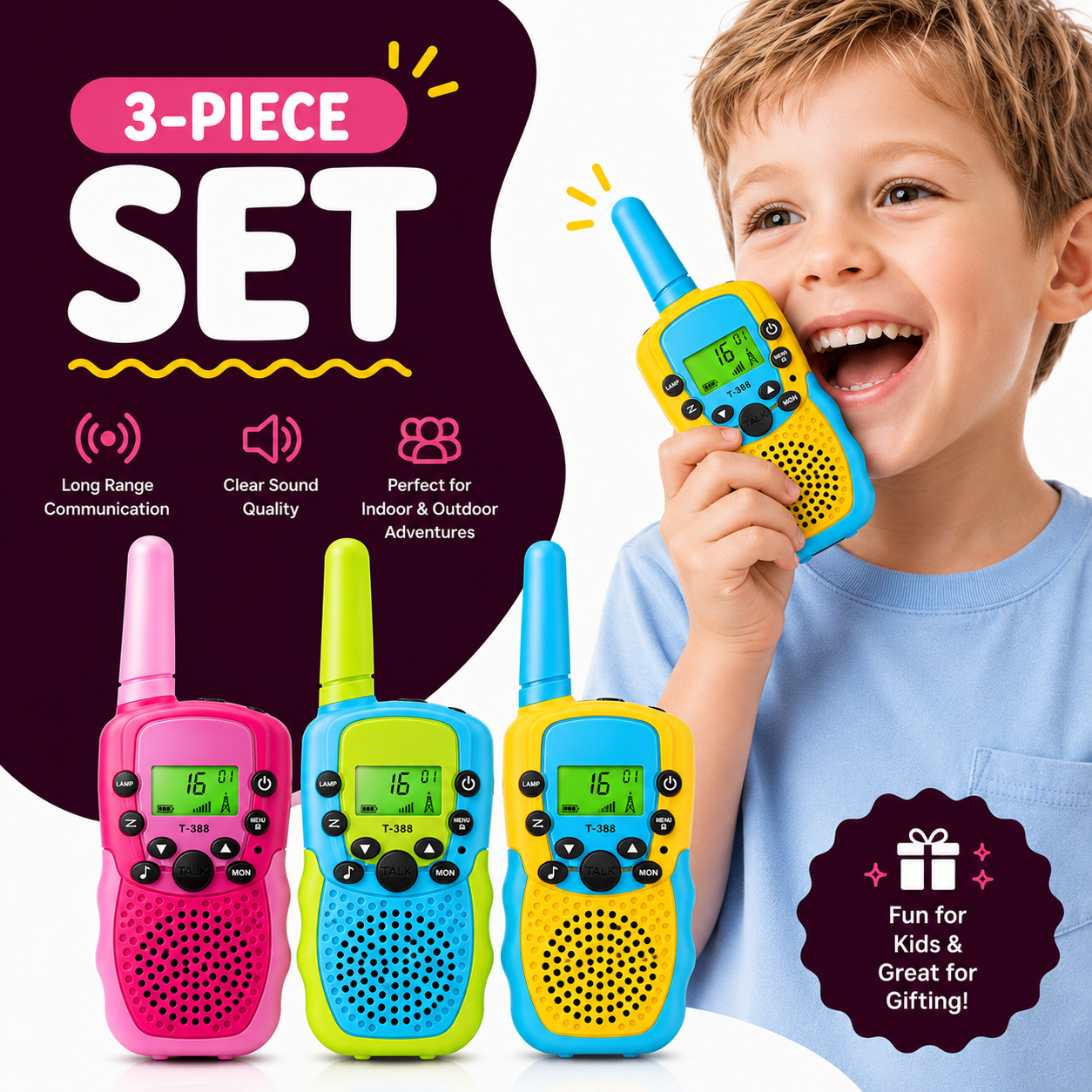 Kids 3-Piece Walkie Talkie Set with Long Range Communication