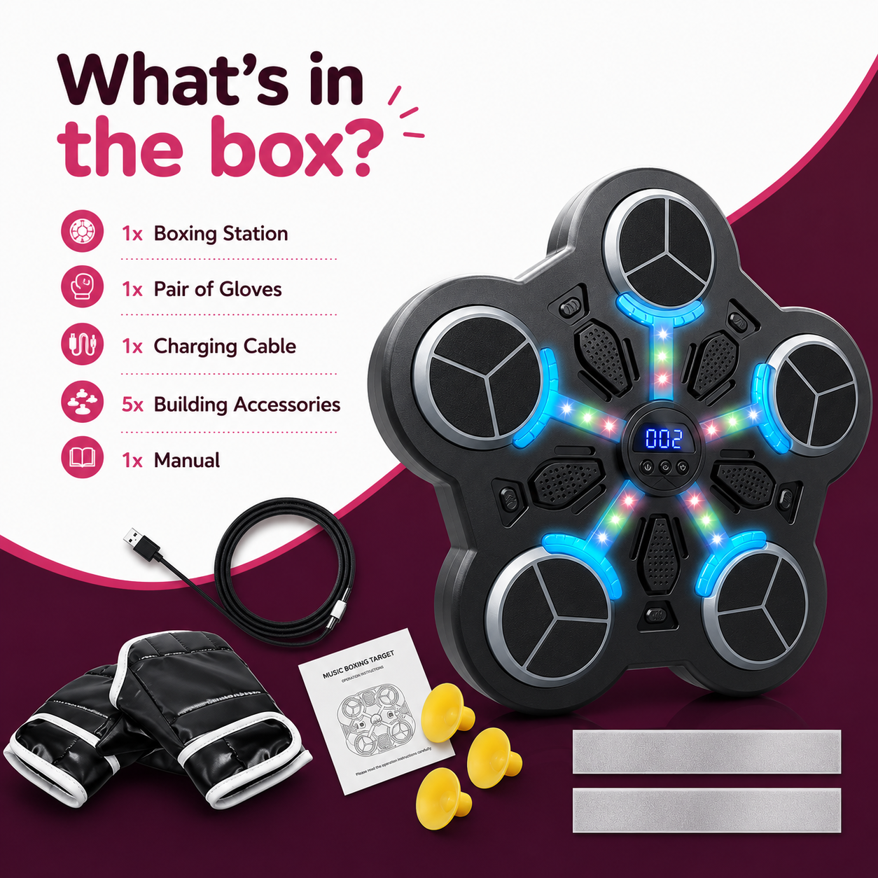 Bluetooth Boxing Trainer Wall Target with Music, LED Lights & Gloves