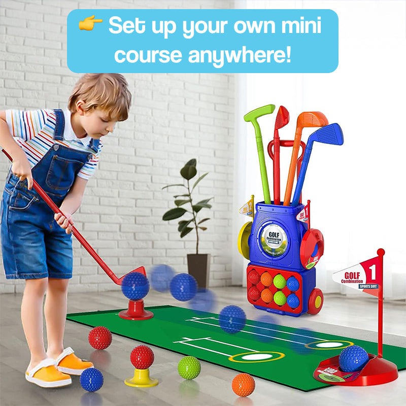 Kids Golf Set with Cart, Clubs, Balls & Putting Mat for Indoor and Outdoor Play