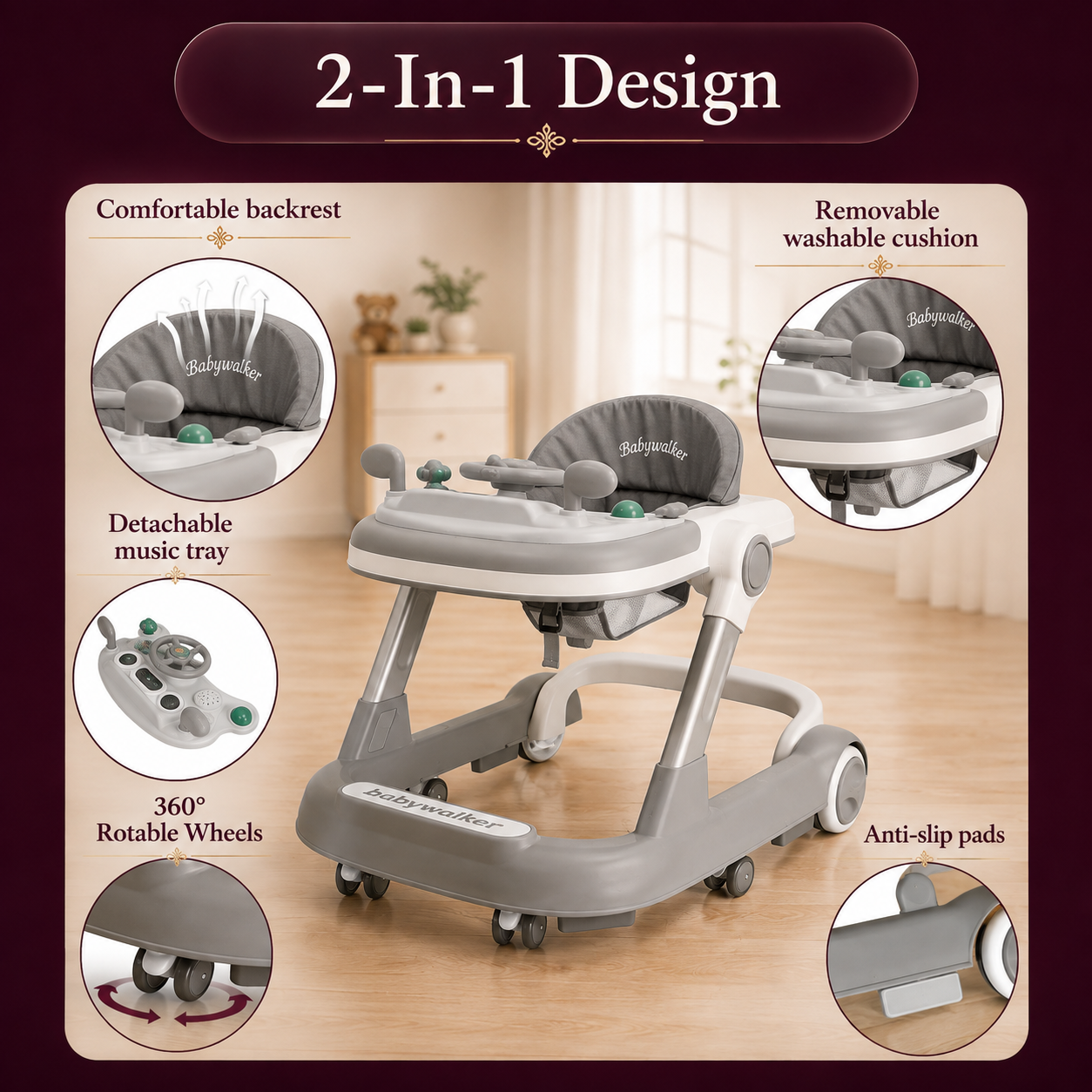 Baby Activity Walker with Push Walker & Removable Feeding Tray