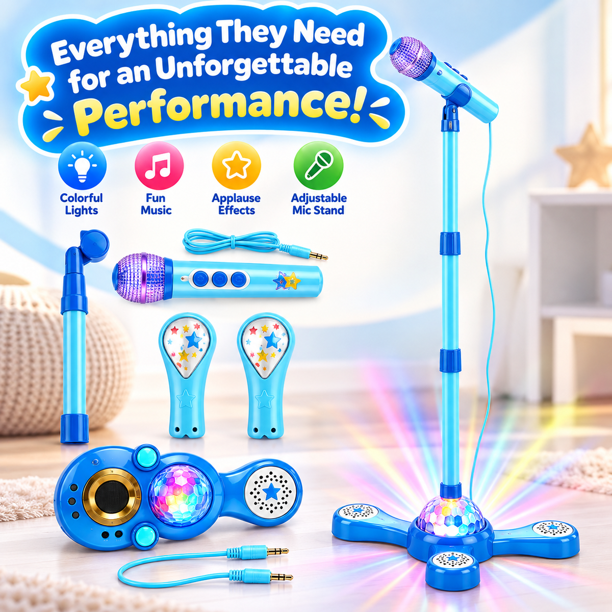 Kids Karaoke Microphone Set with LED Lights – Adjustable Singing Stand Toy