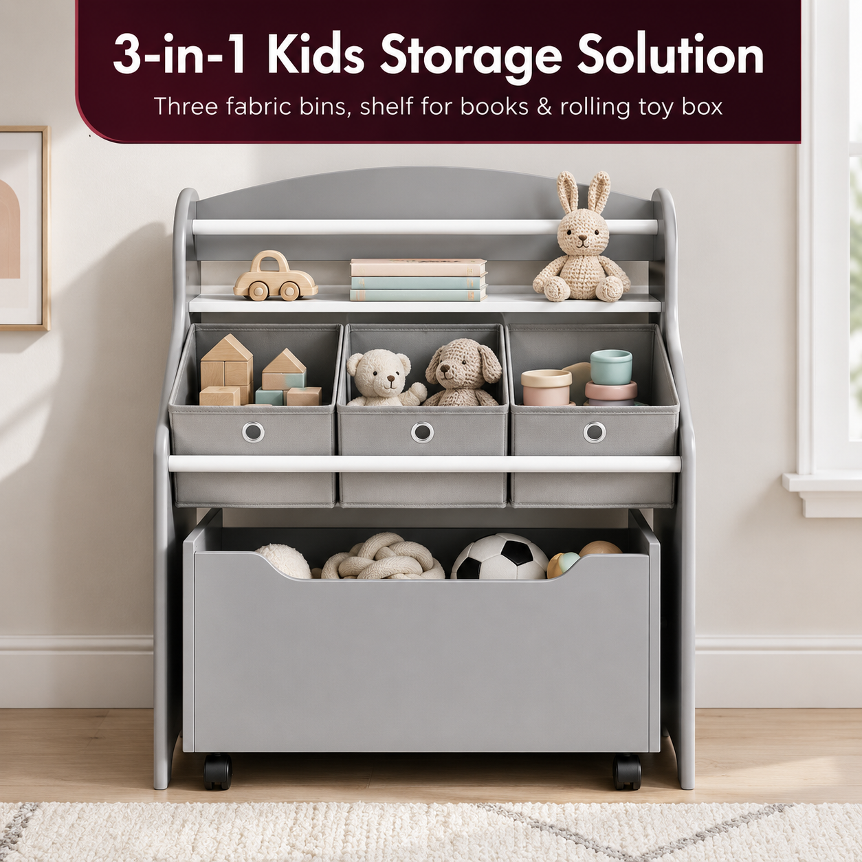 3-Tier Kids Bookshelf with Rolling Toy Storage Box and Fabric Bins