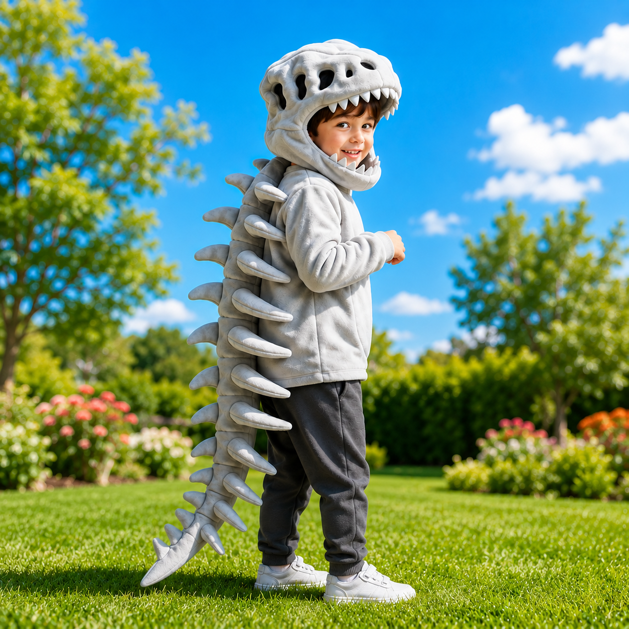 Kids Dinosaur Plush Hoodie Costume with 3D Skull Hood & Spine Design