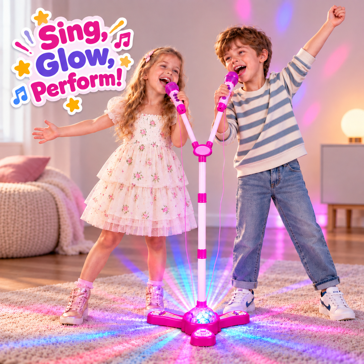Kids Karaoke Microphone Set with LED Lights – Adjustable Singing Stand Toy