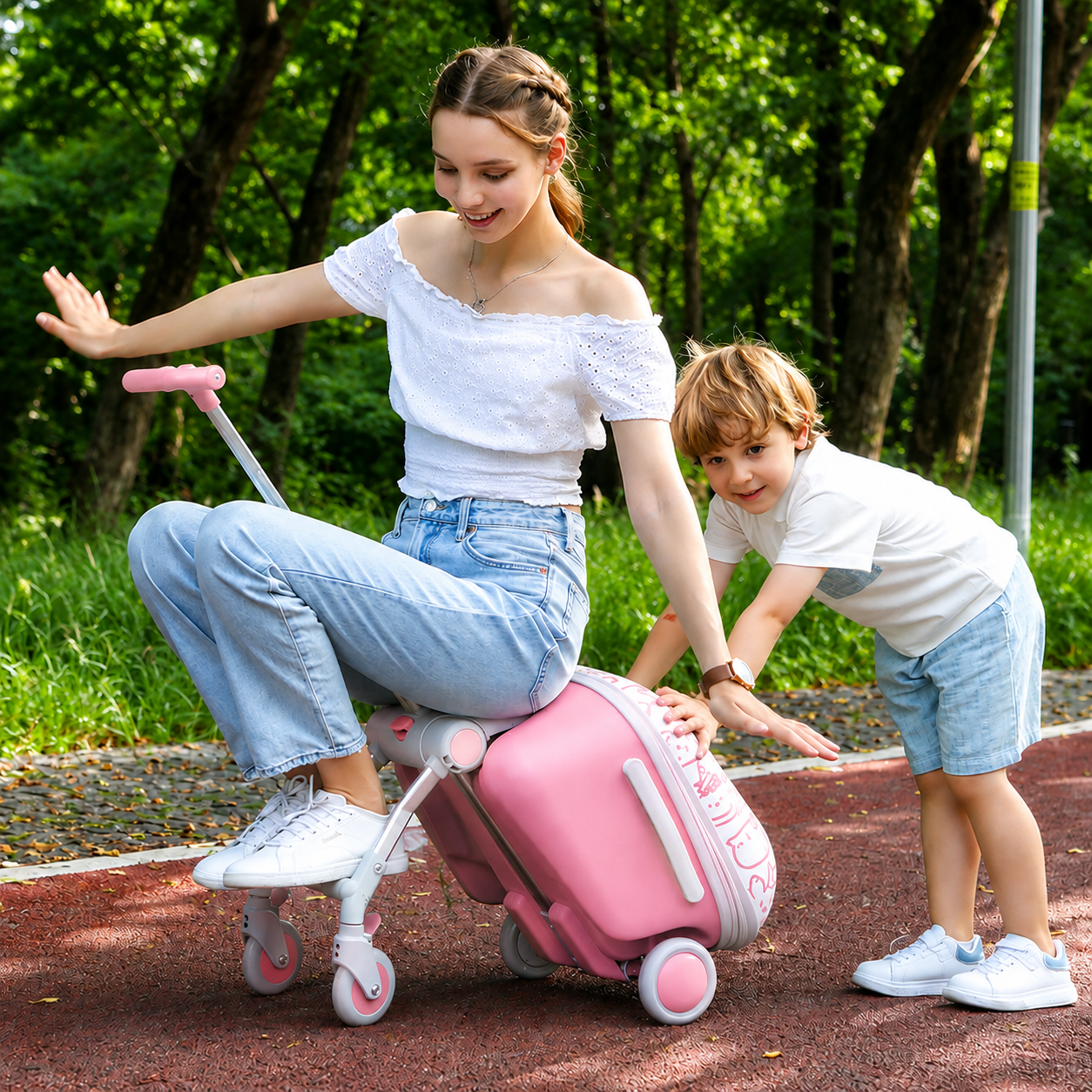 Kids Ride-On Suitcase with Foldable Scooter, Expandable Storage