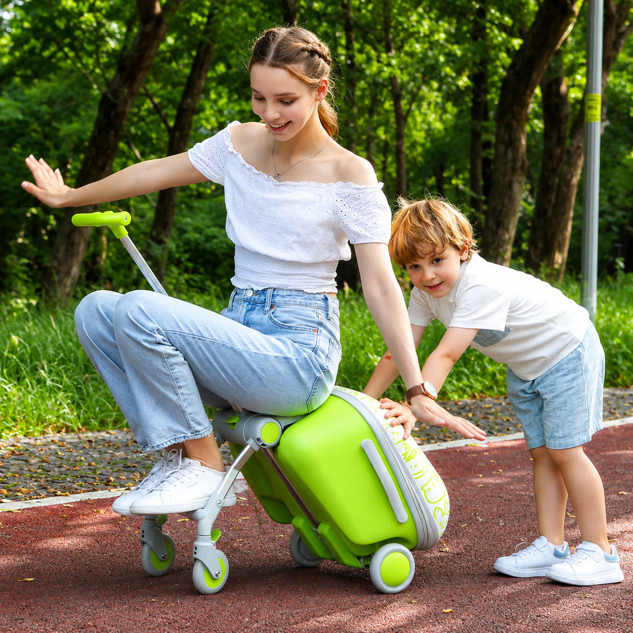 Kids Ride-On Suitcase with Foldable Scooter, Expandable Storage