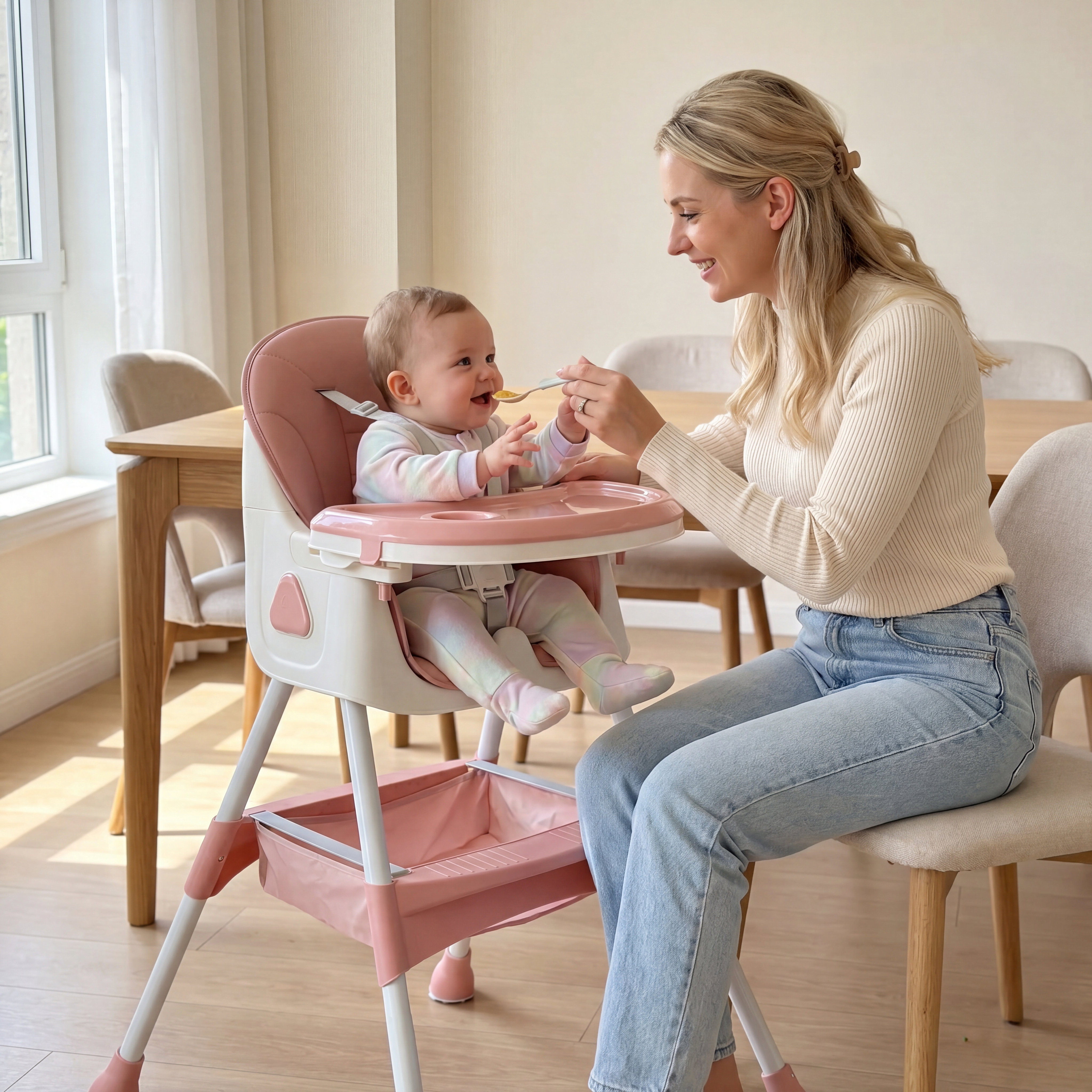 Foldable Baby High Chair with Removable Tray and Storage Basket