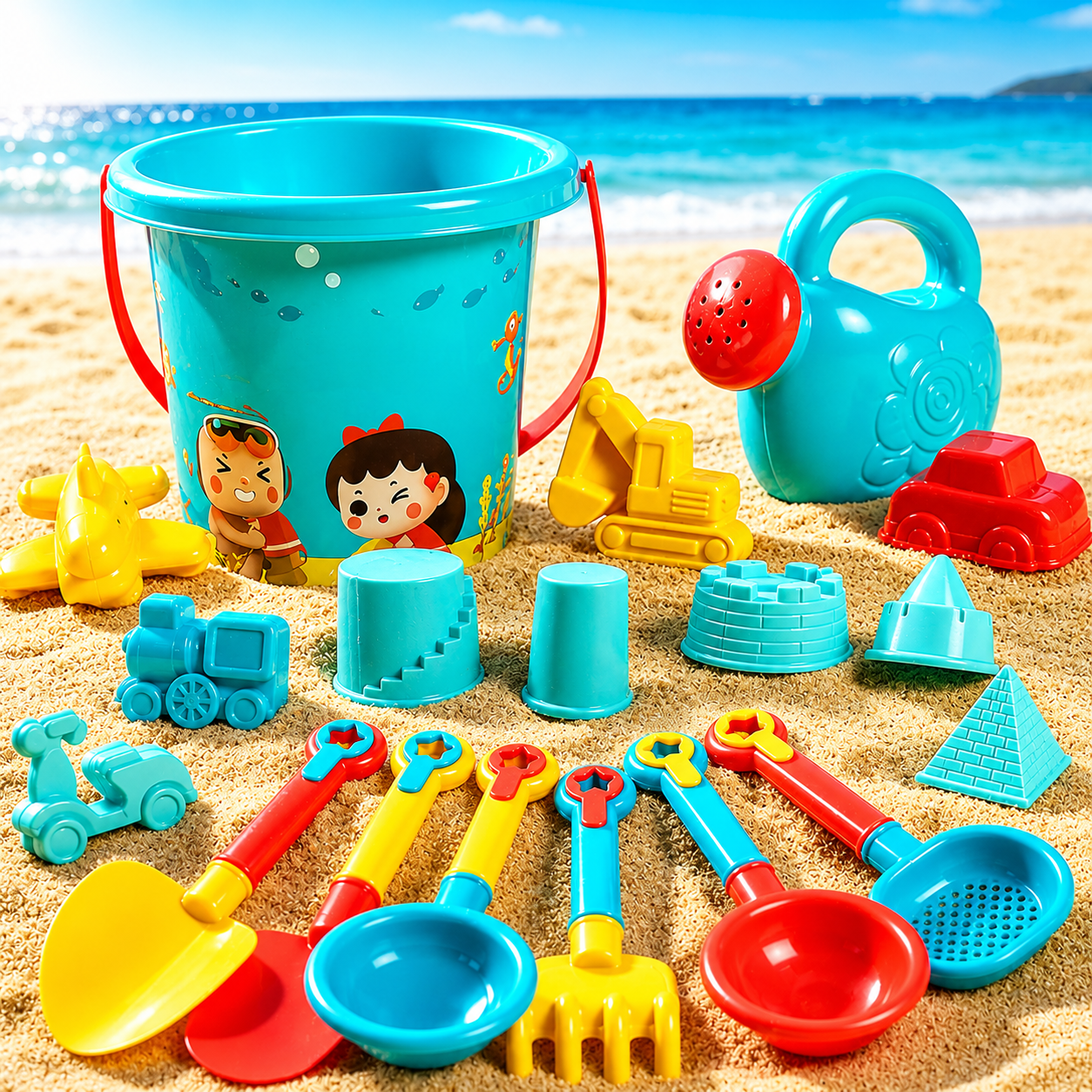 Beach Sand Toy Set with Bucket, Watering Can & Sand Molds Toy