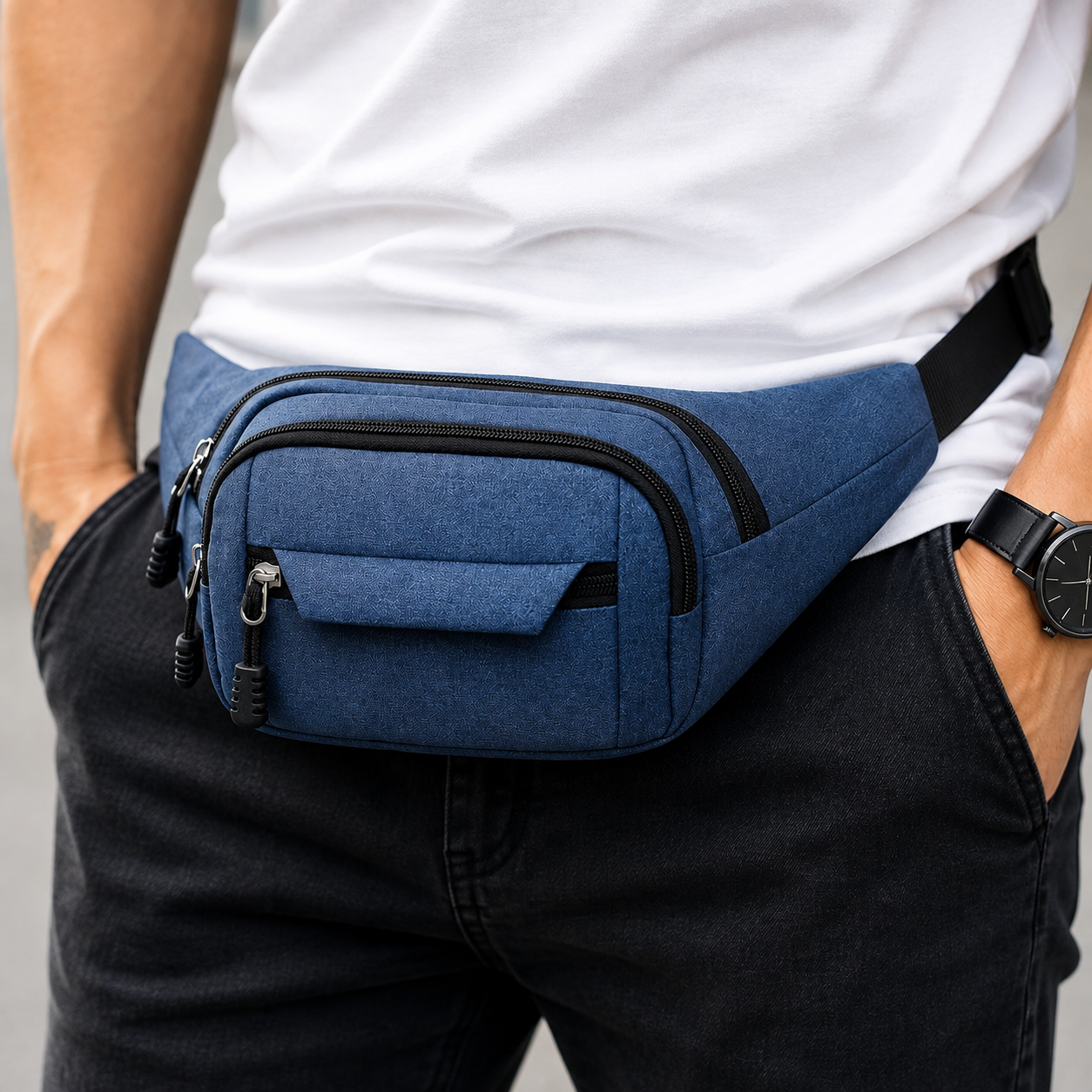Water-Resistant Waist Bag with Adjustable Strap & Multiple Zipper Pockets