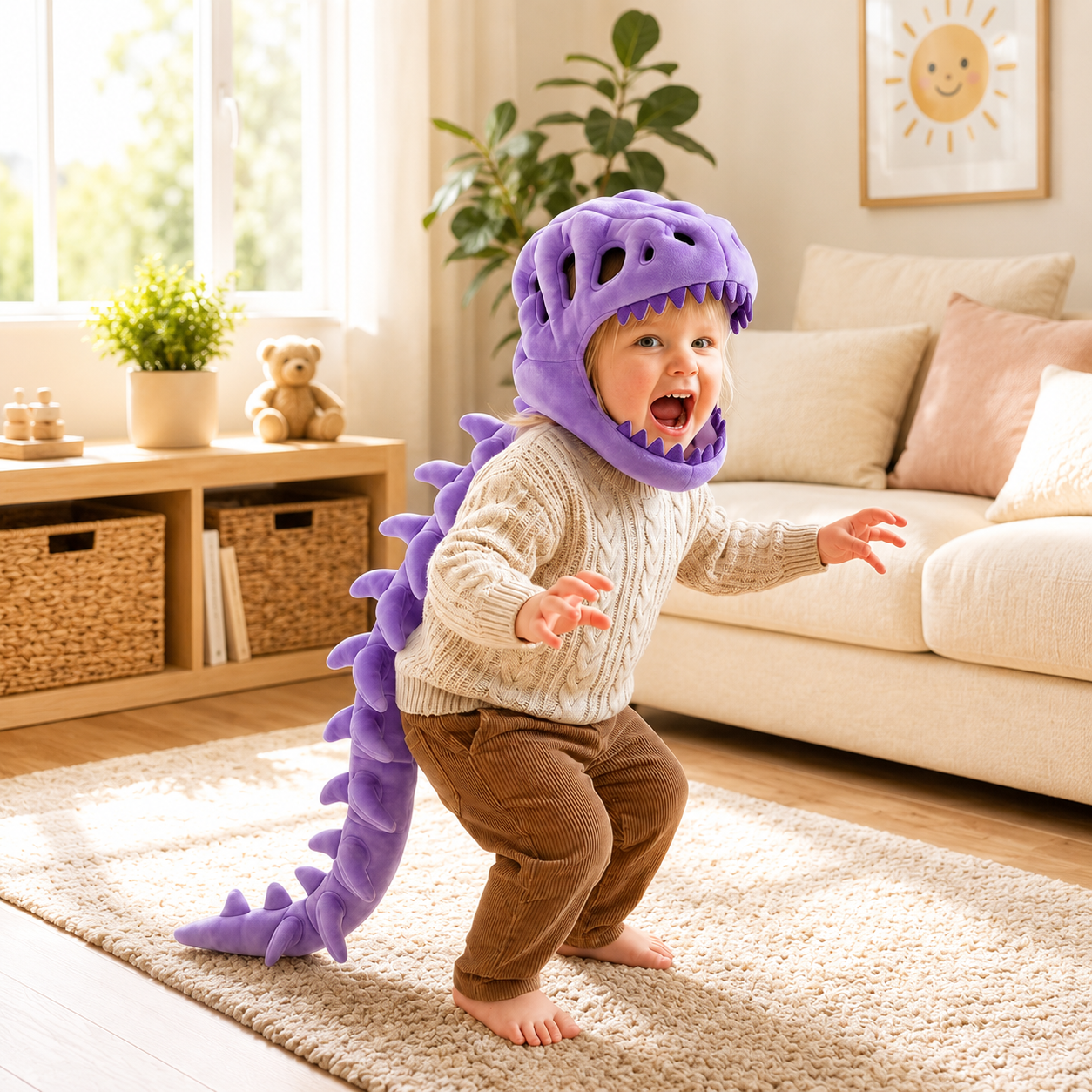 Kids Dinosaur Plush Hoodie Costume with 3D Skull Hood & Spine Design