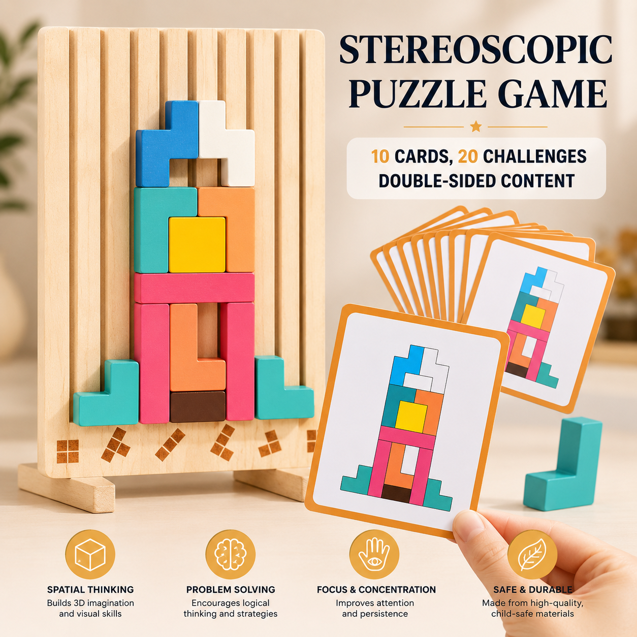 Wooden Stacking Puzzle Toy for Kids, Montessori Educational Block Game with Challenge Cards