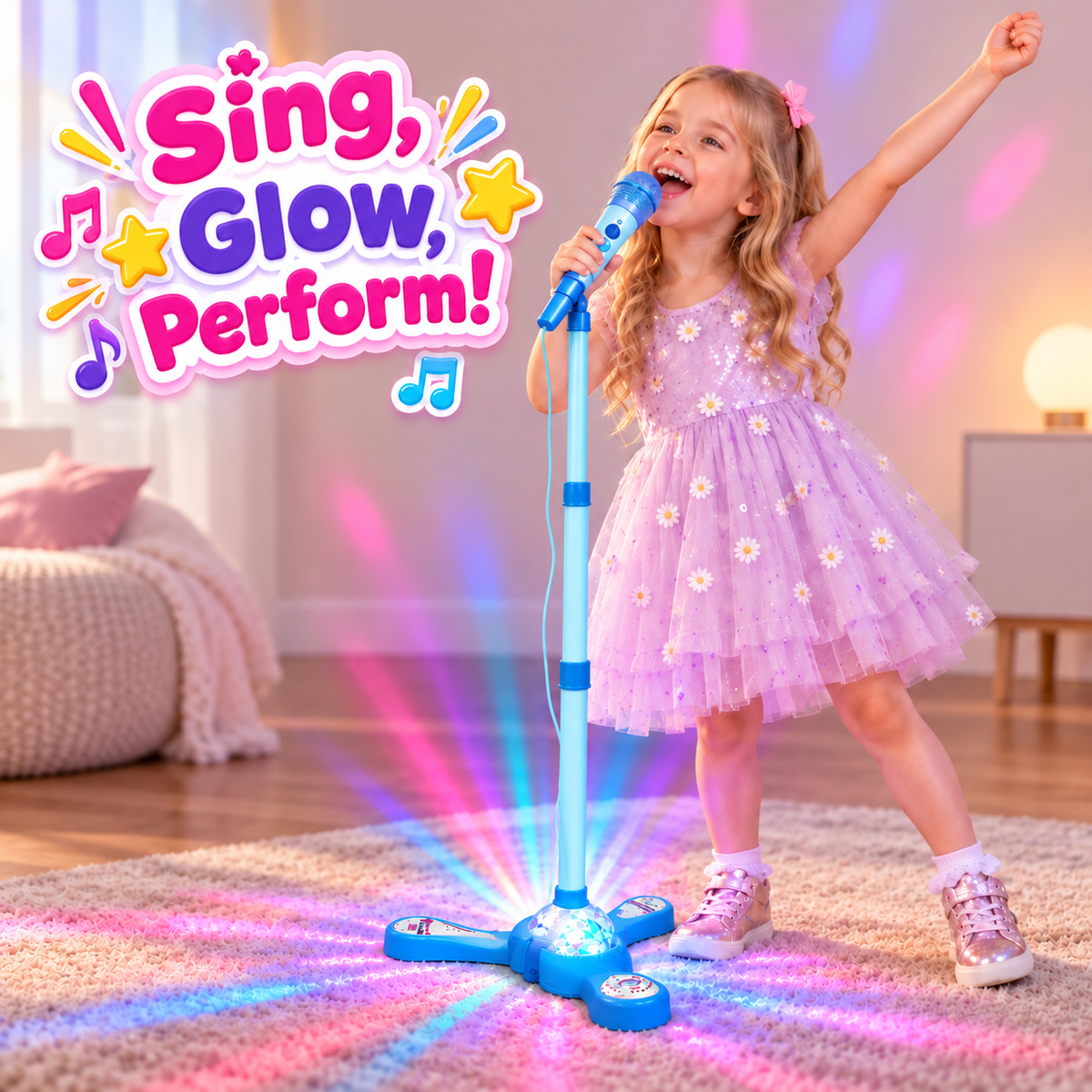 Kids Karaoke Microphone Set with LED Lights – Adjustable Singing Stand Toy