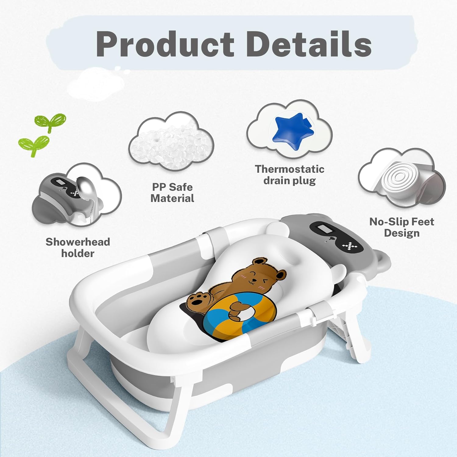 Collapsible Baby Bathtub with Soft Cushion and Temperature Sensor