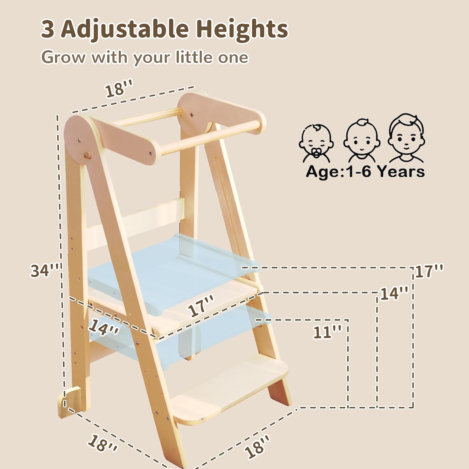 Foldable Montessori Toddler Tower with 3 Adjustable Heights