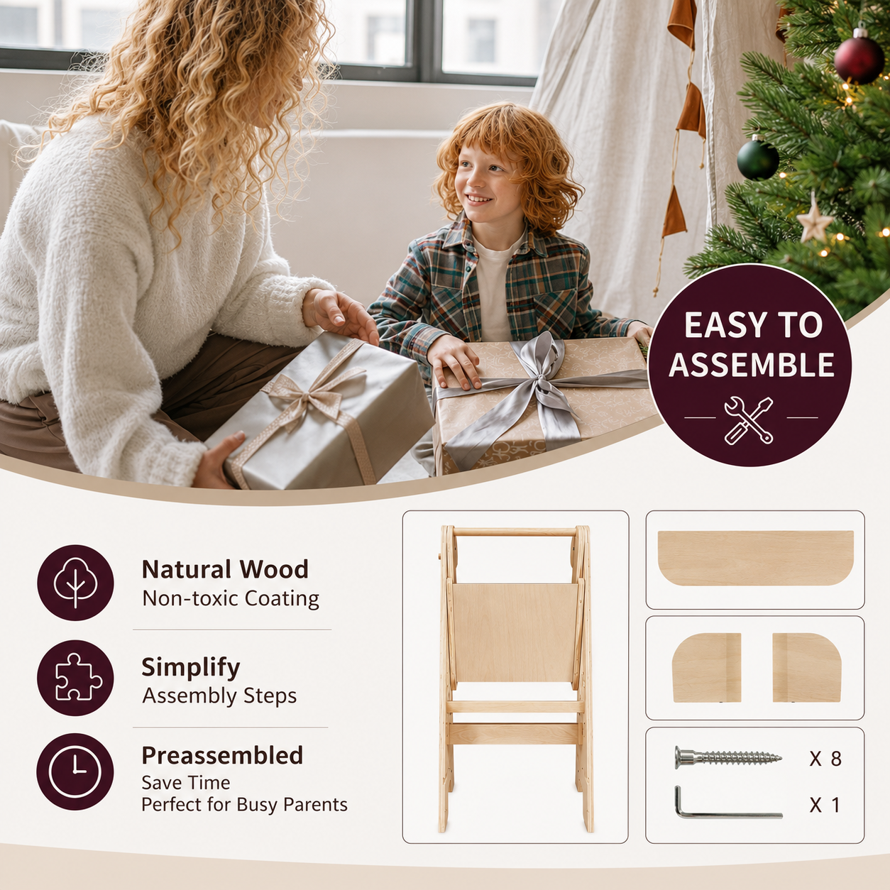Foldable Montessori Toddler Tower with 3 Adjustable Heights