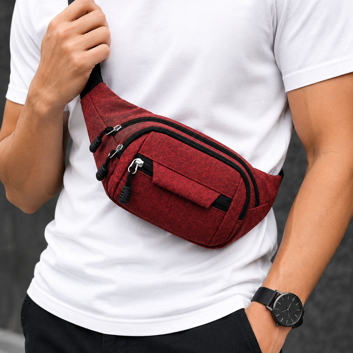 Water-Resistant Waist Bag with Adjustable Strap & Multiple Zipper Pockets