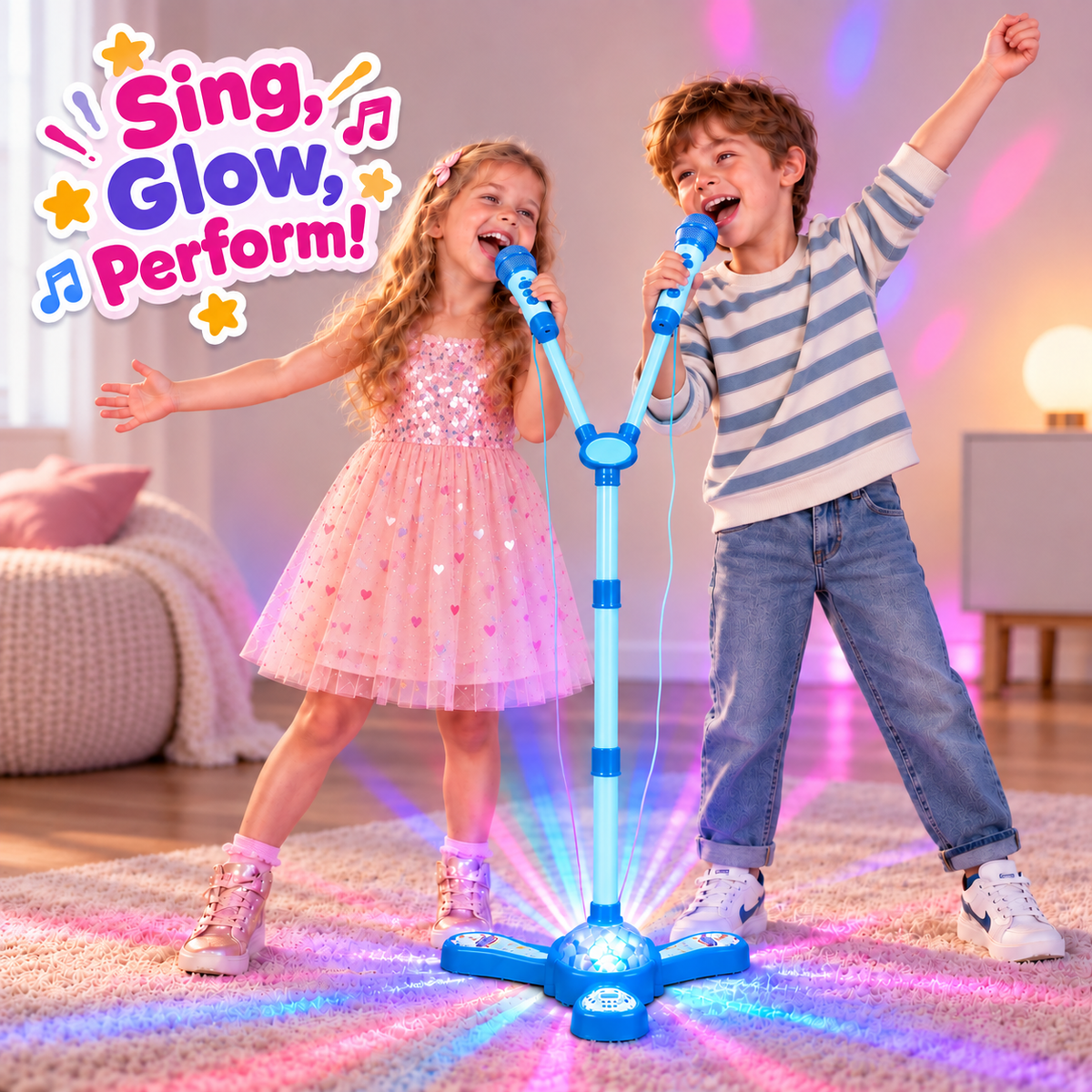 Kids Karaoke Microphone Set with LED Lights – Adjustable Singing Stand Toy