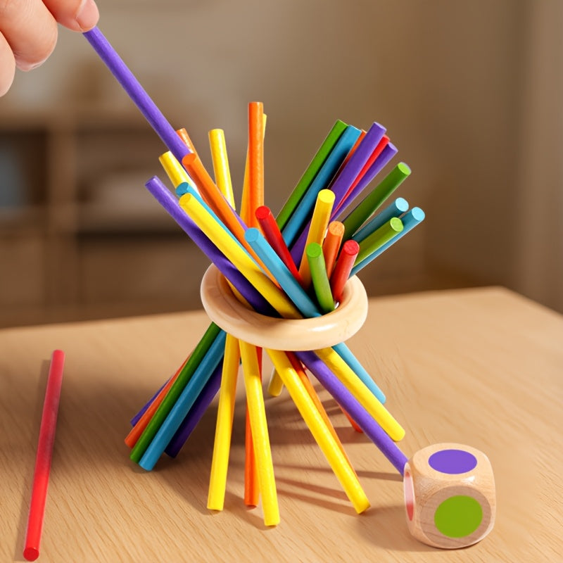Wooden Stick and Ball Toy for Kids, 3-in-1 Educational Learning & Color Matching Game