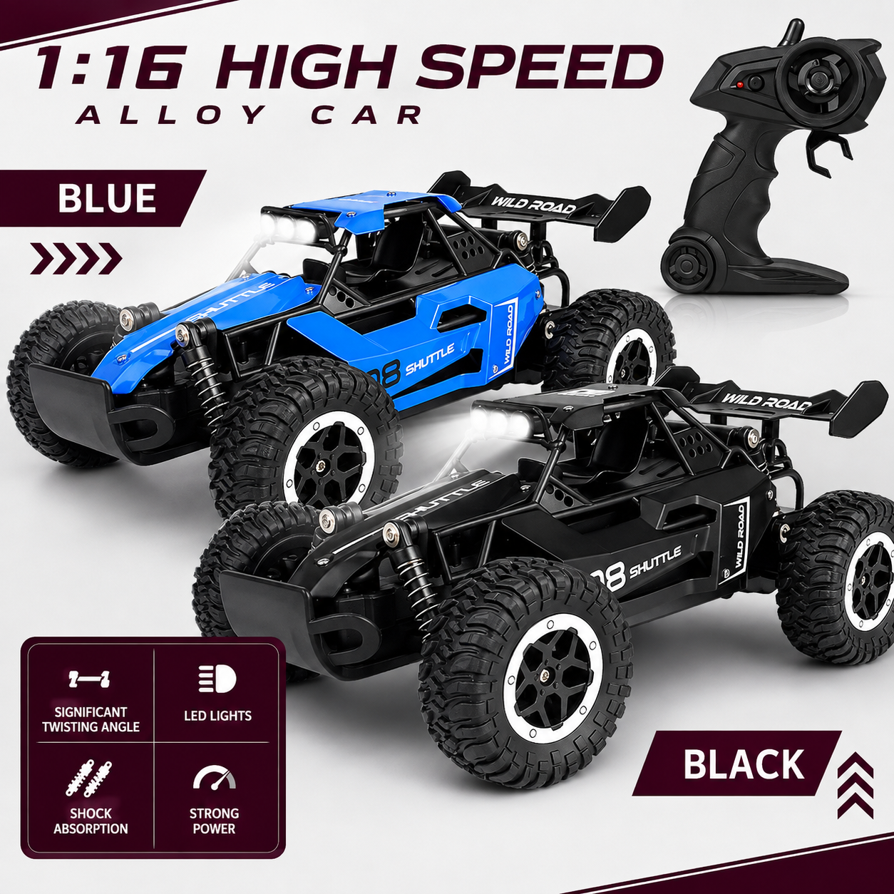 Remote Control Off-Road RC Car with Alloy Body & LED Lights