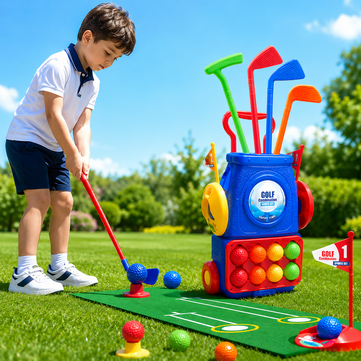 Kids Golf Set with Cart, Clubs, Balls & Putting Mat for Indoor and Outdoor Play