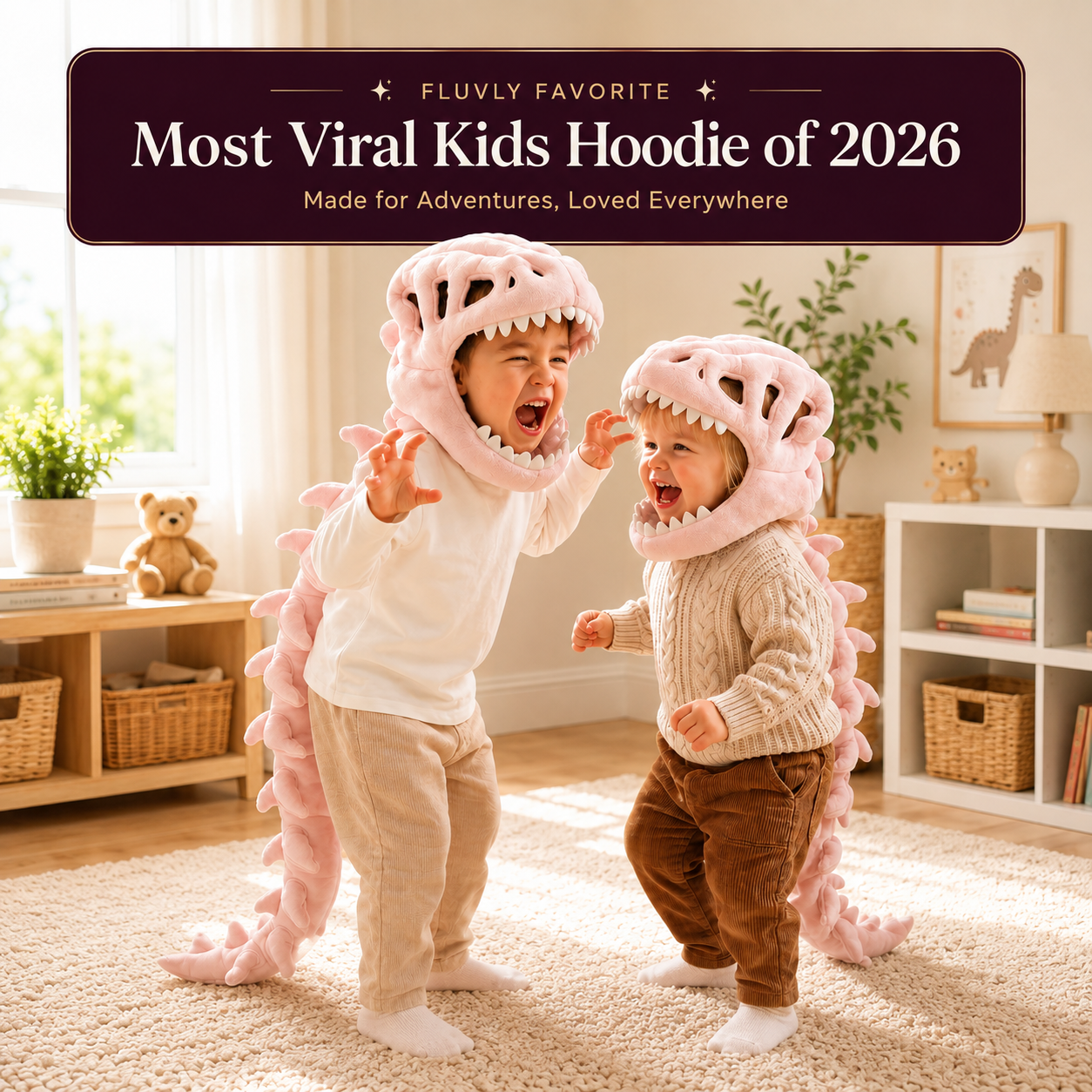 Kids Dinosaur Plush Hoodie Costume with 3D Skull Hood & Spine Design