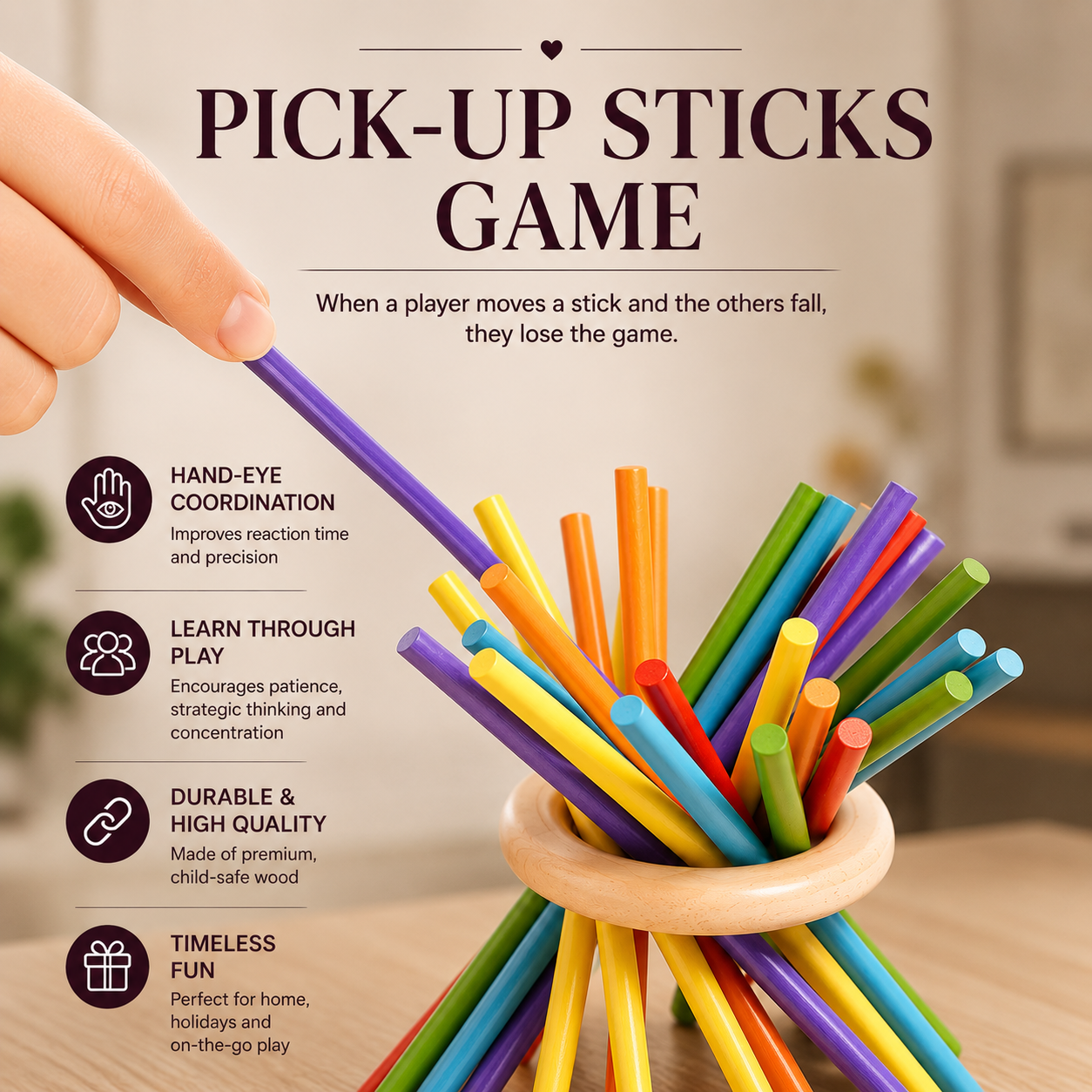 Wooden Stick and Ball Toy for Kids, 3-in-1 Educational Learning & Color Matching Game