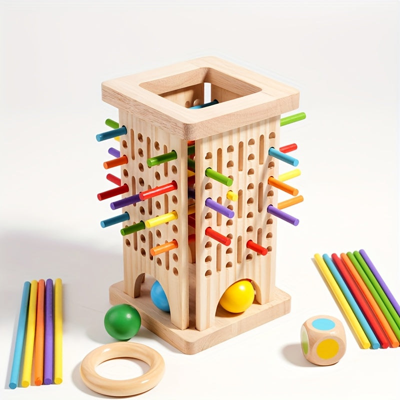Wooden Stick and Ball Toy for Kids, 3-in-1 Educational Learning & Color Matching Game