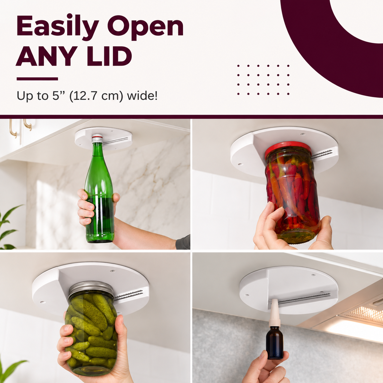 Under Cabinet Jar Opener for Twist-Off Lids and Bottles