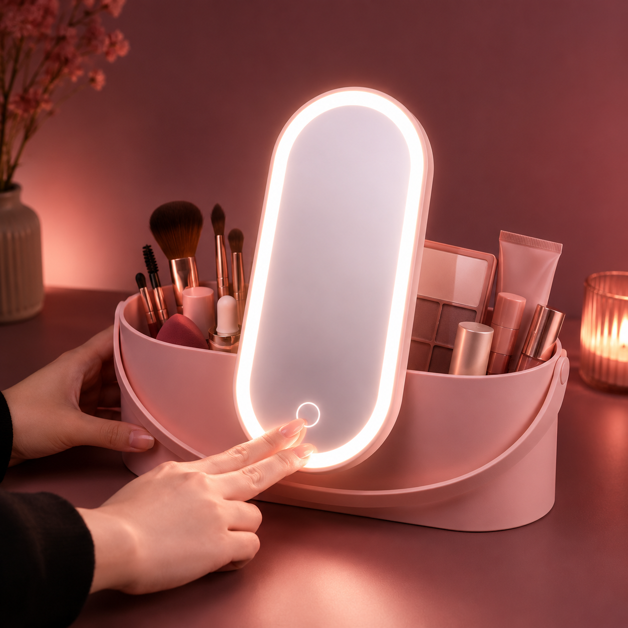LED Makeup Organizer Case with Mirror and Adjustable Cosmetic Storage