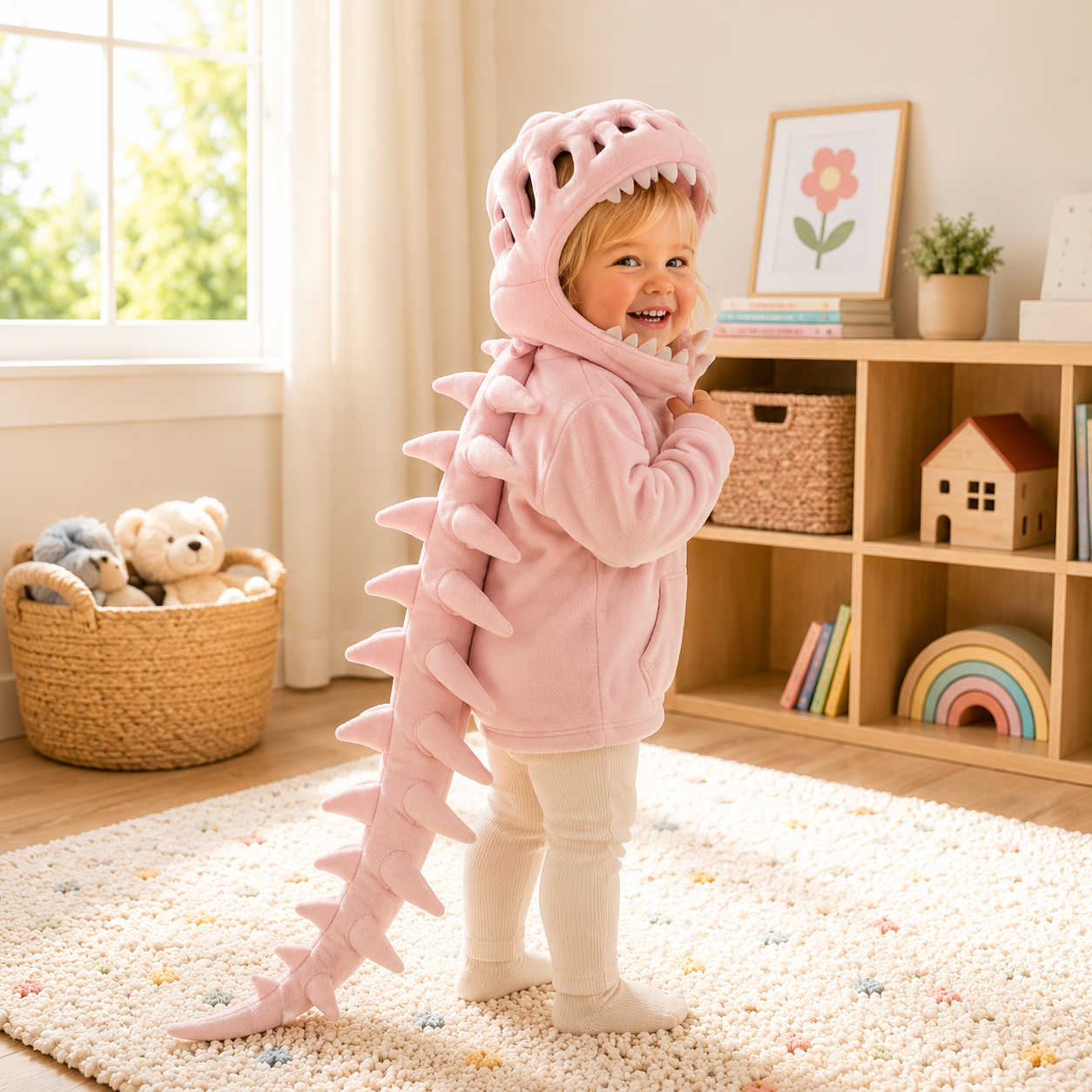 Kids Dinosaur Plush Hoodie Costume with 3D Skull Hood & Spine Design