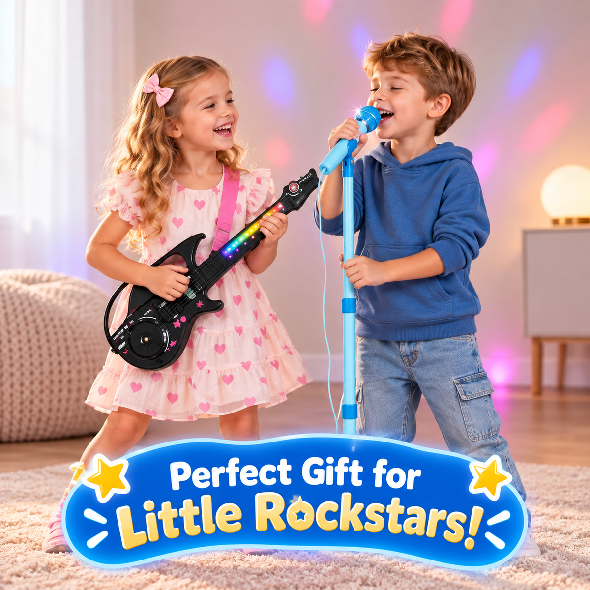 Kids Karaoke Microphone Set with LED Lights – Adjustable Singing Stand Toy