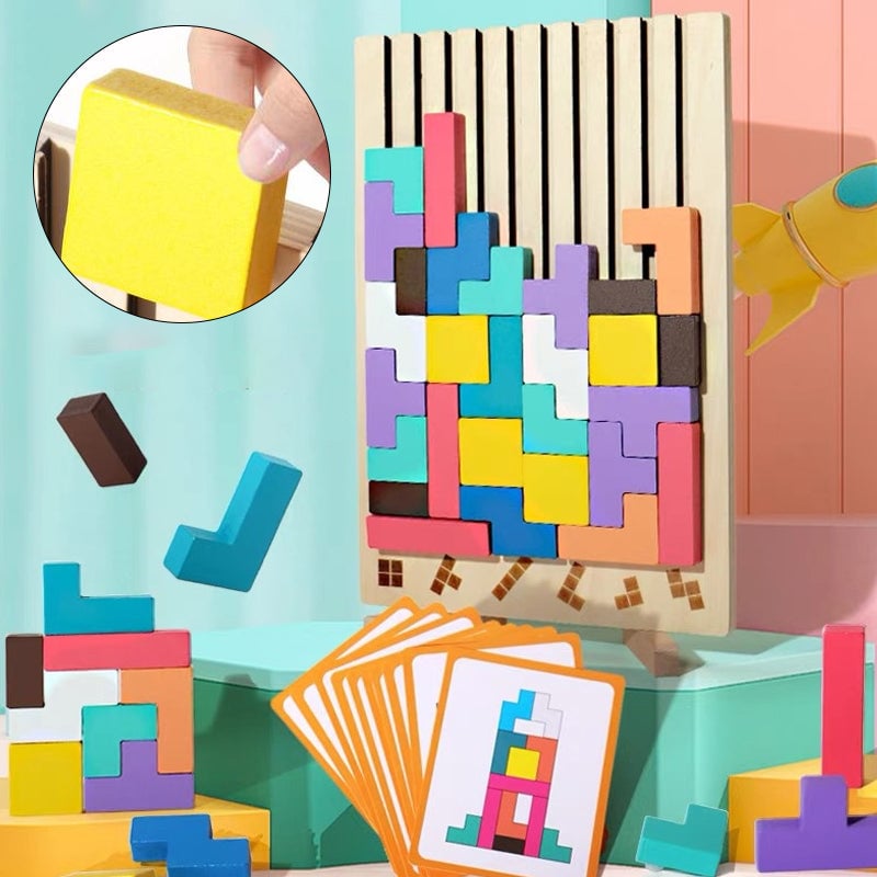 Wooden Stacking Puzzle Toy for Kids, Montessori Educational Block Game with Challenge Cards