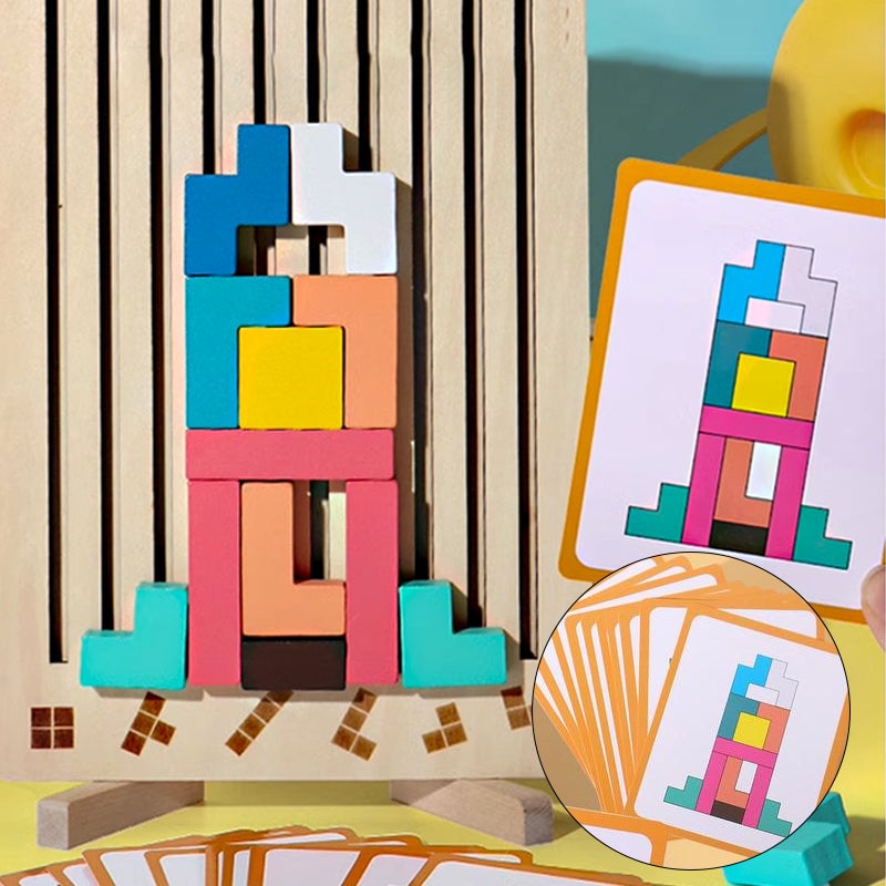 Wooden Stacking Puzzle Toy for Kids, Montessori Educational Block Game with Challenge Cards