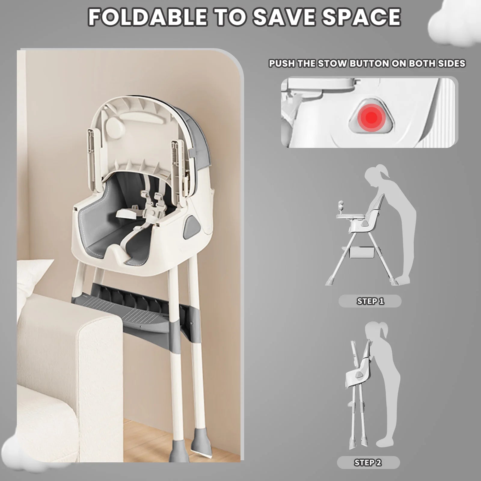 Foldable Baby High Chair with Removable Tray and Storage Basket